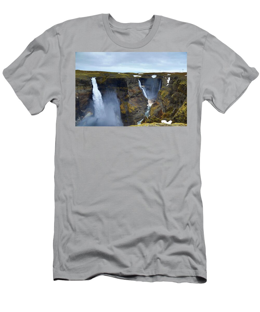 Waterfall T-Shirt featuring the photograph Haifoss and Granni Waterfalls Iceland by Richard Krebs