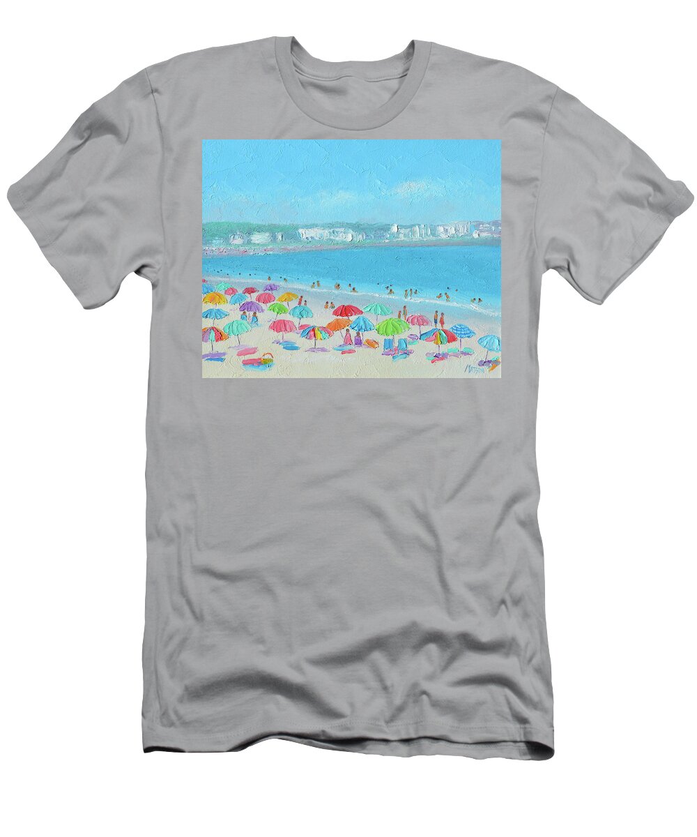 Hampton Beach T-Shirt featuring the painting Hampton Beach Umbrellas, New Hampshire by Jan Matson