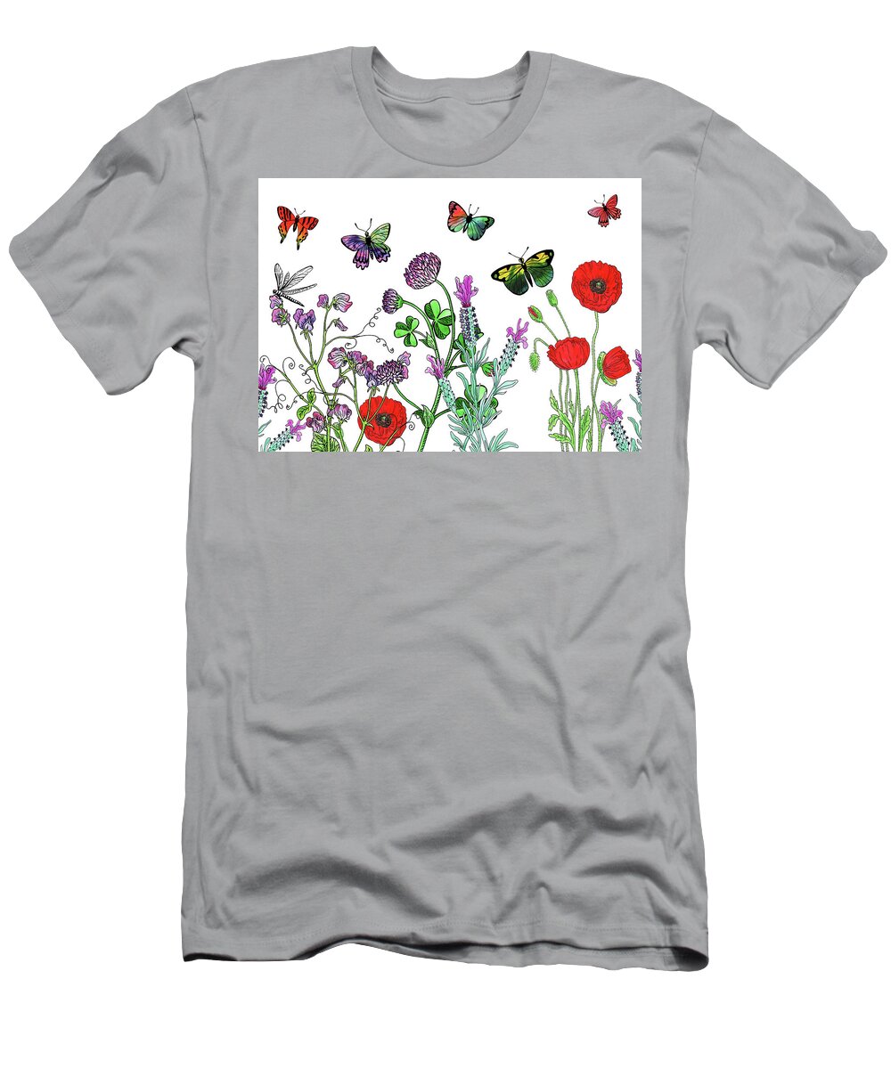 Butterfly T-Shirt featuring the painting Happy Butterflies In The Garden With Flowers Watercolor by Irina Sztukowski