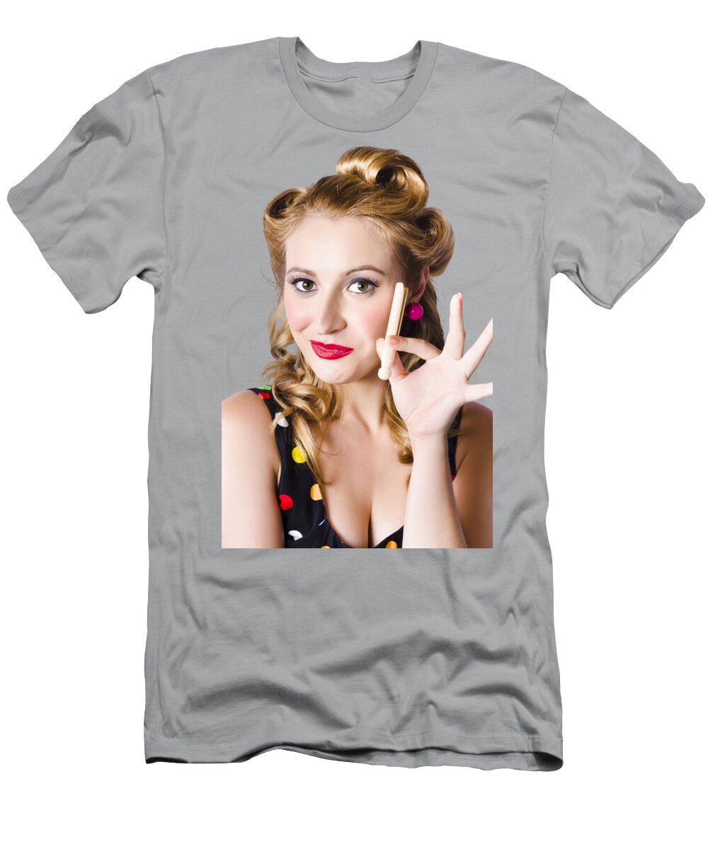 Pin Up T-Shirt featuring the photograph Happy woman with clothes peg by Jorgo Photography