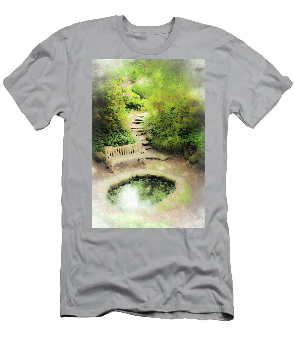 Pond Water Bench Stone Steps Fog T-Shirt featuring the photograph Hazy Pond by John Linnemeyer