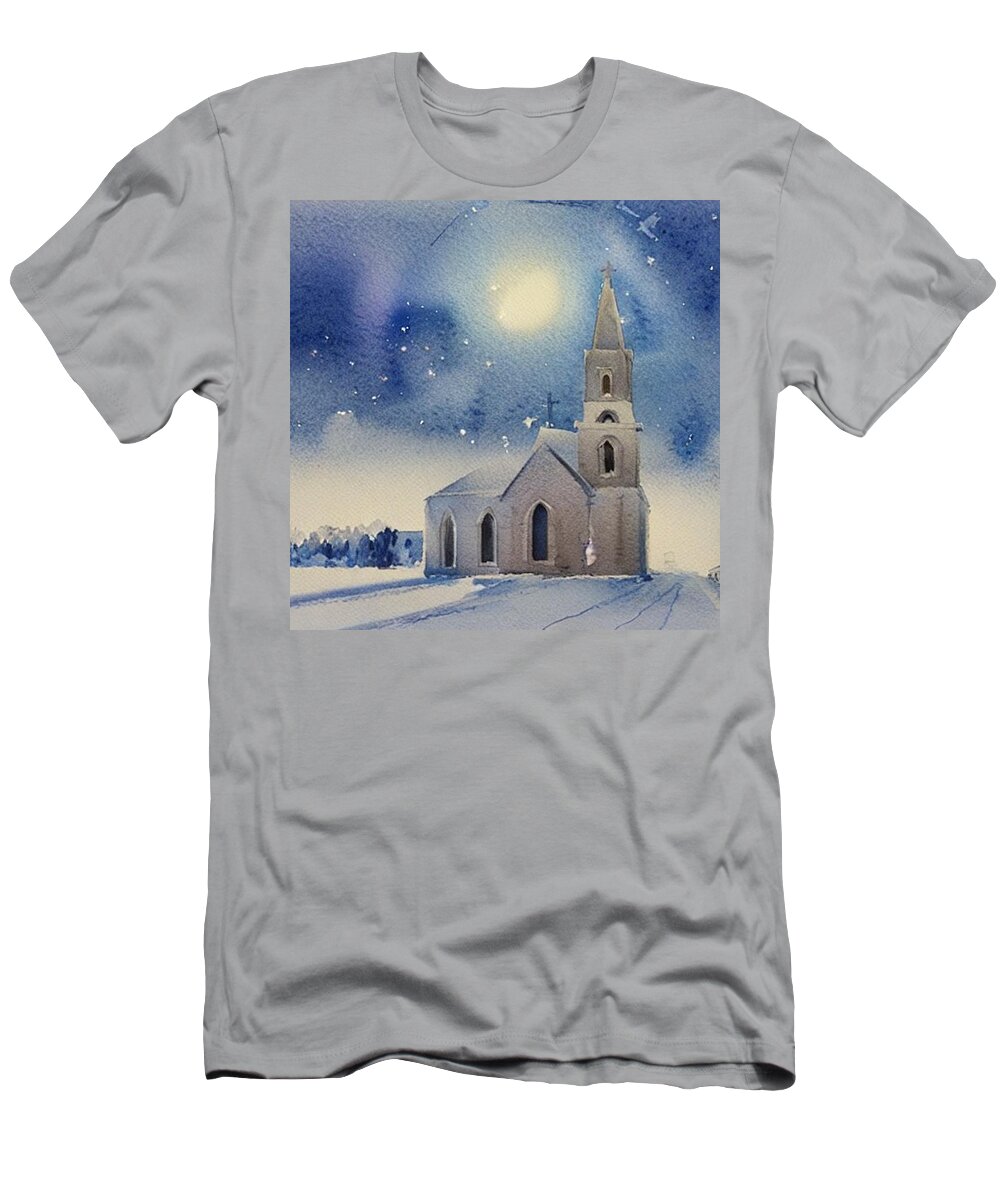 Chapel T-Shirt featuring the painting He is Born, Christmas in New England, 2022 by Christopher Lotito