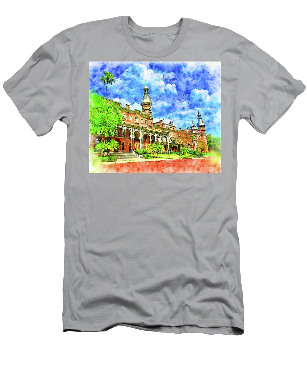 Henry B. Plant Museum T-Shirt featuring the digital art Henry B. Plant Museum in Tampa, Florida - pen and watercolor by Nicko Prints