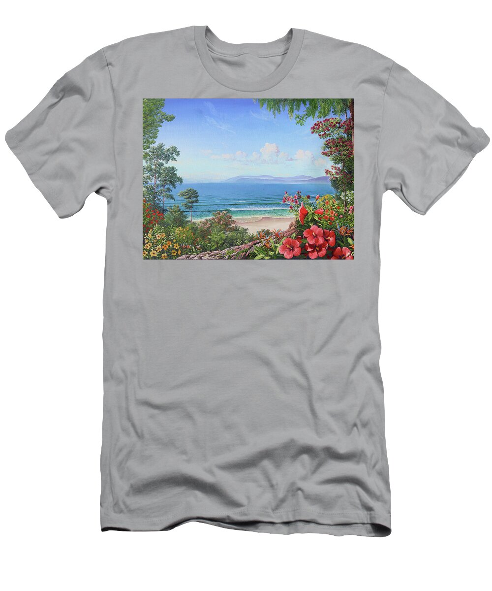Hibiscus T-Shirt featuring the painting Hibiscus and Birds of Paradise by Michael Goguen