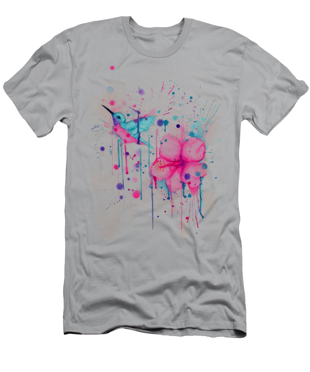 Flower T-Shirt featuring the drawing Hibiscus Hummingbird by Ludwig Van Bacon