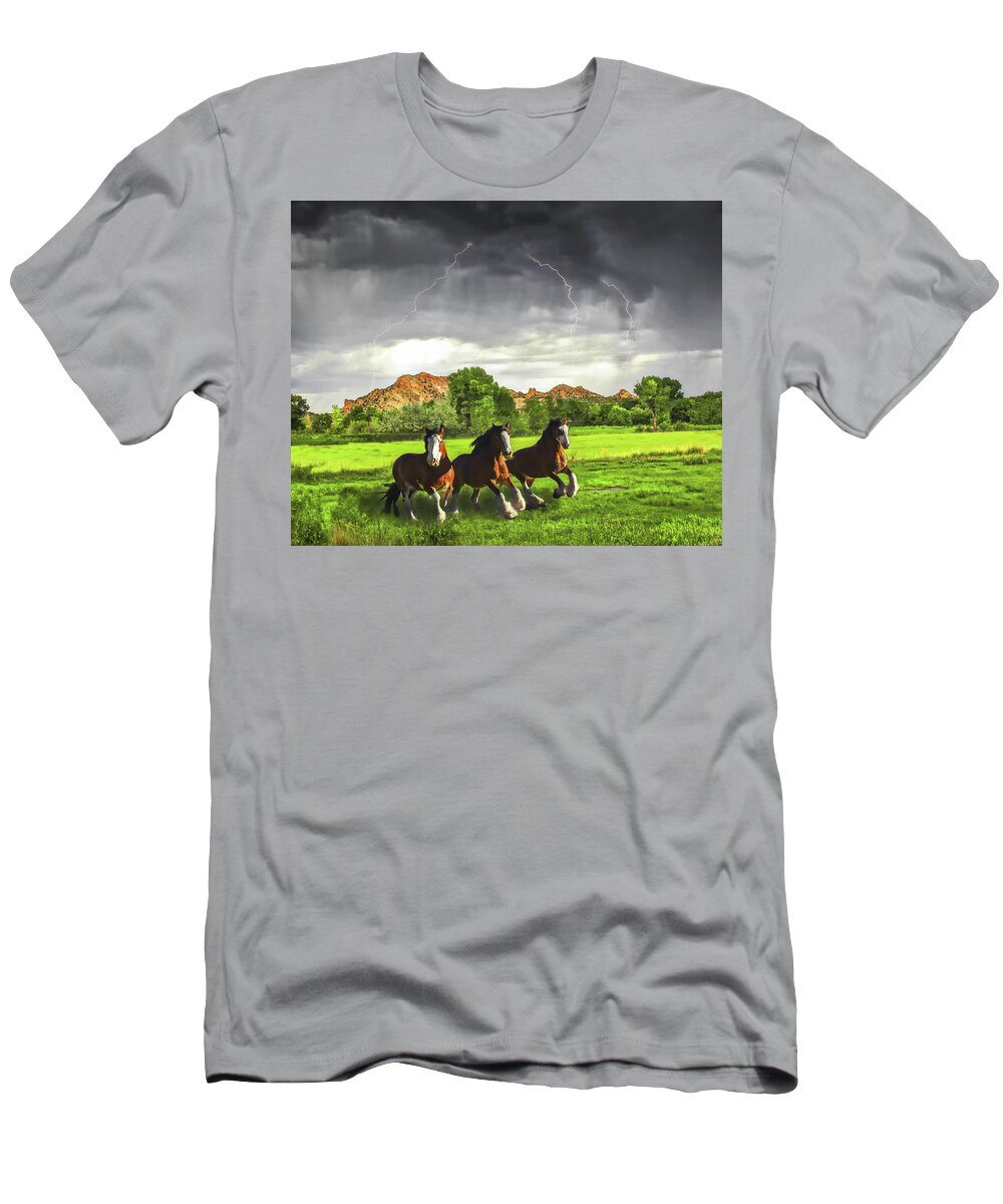 Three T-Shirt featuring the photograph Horse Lightning by Don Schimmel