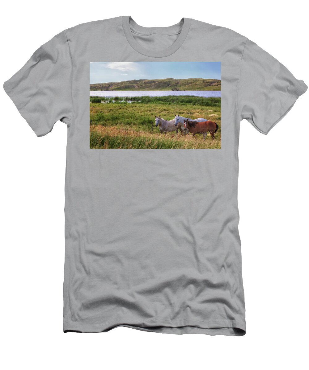 Horses T-Shirt featuring the photograph Horses at Beem Lake - Sandhills Journey by Susan Rissi Tregoning