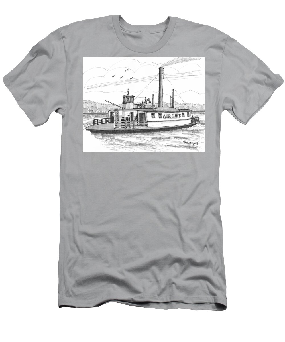 Airline Ferry Boat T-Shirt featuring the drawing Hudson River Steam Ferry Boat Airline by Richard Wambach
