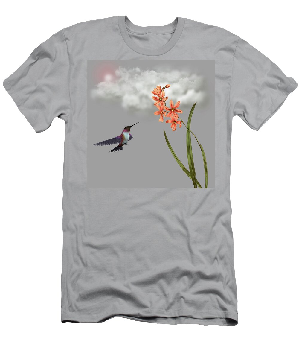 Hummingbird T-Shirt featuring the digital art Hummingbird In The Garden Pane 6 by David Dehner
