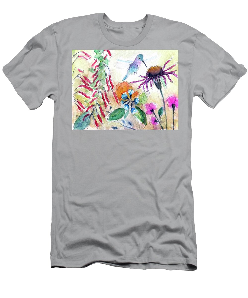 Loose Floral T-Shirt featuring the painting Hummingbird Garden by Roxy Rich