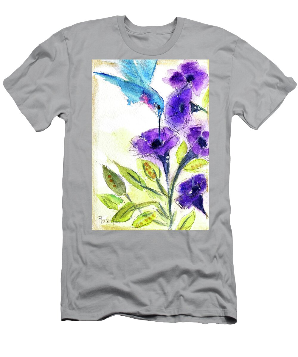 Hummingbird Painting T-Shirt featuring the painting Hummingbird in the Purple Flowers by Roxy Rich