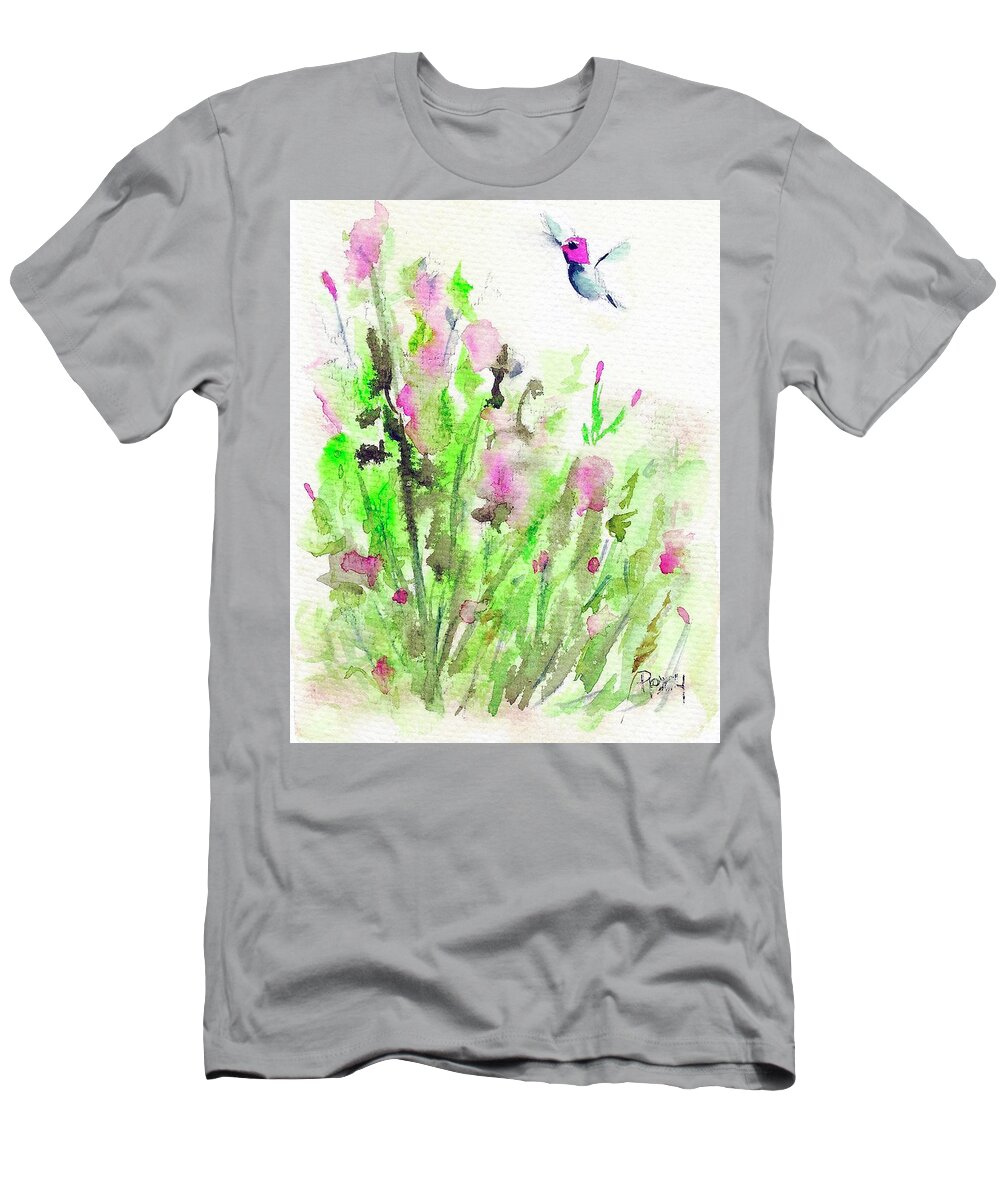 Hummingbird T-Shirt featuring the painting Hummingbird in the Red Salvia by Roxy Rich
