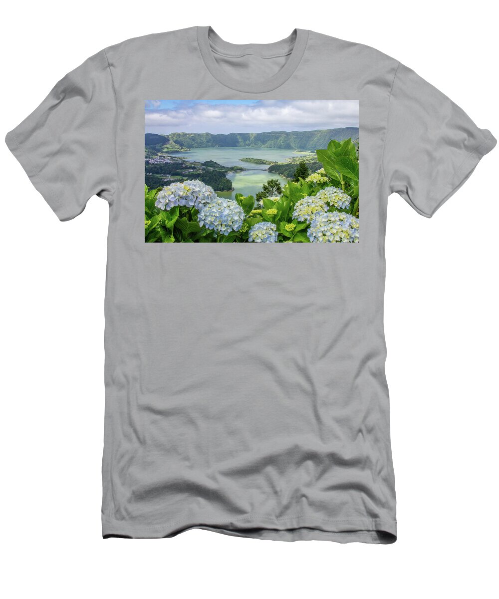 Hydrangea T-Shirt featuring the photograph Hydrangeas Overlooking Sete Cidades by Denise Kopko