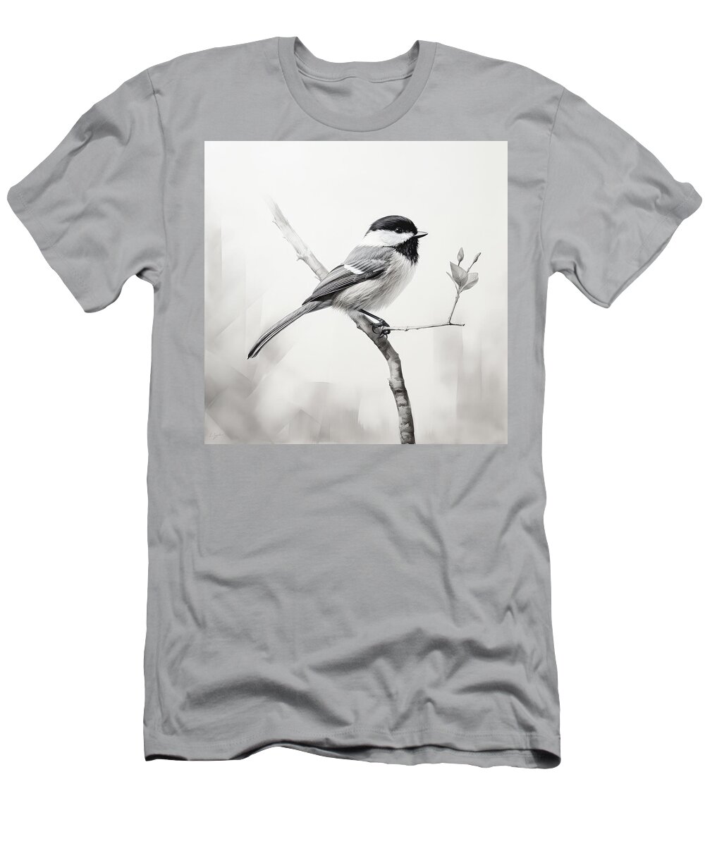 Chickadee T-Shirt featuring the painting In Graphite's Embrace - Chickadee Paintings by Lourry Legarde