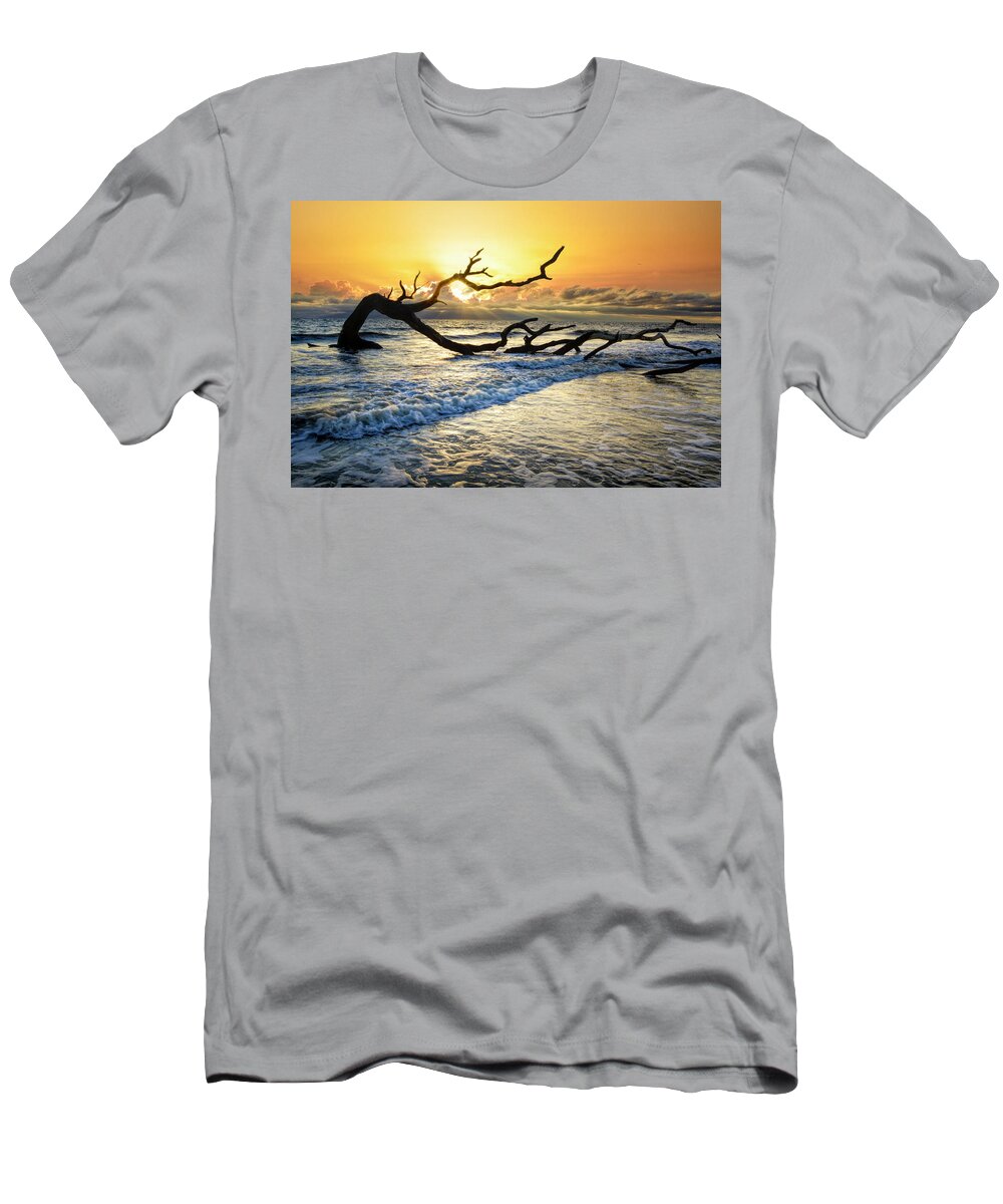 Clouds T-Shirt featuring the photograph Incoming Waves at Driftwood Beach Jekyll Island by Debra and Dave Vanderlaan