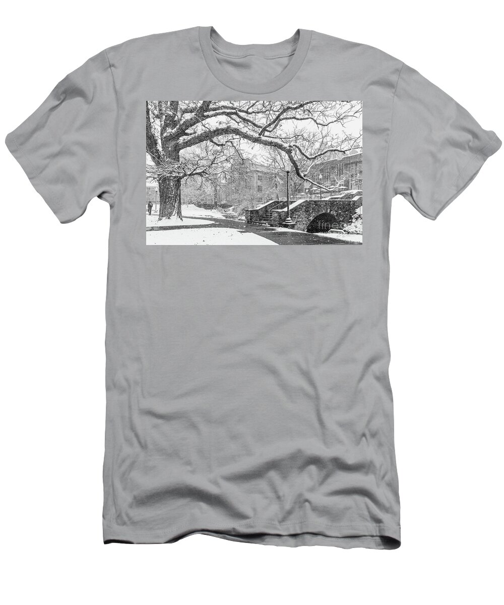 Indiana University Snow T-Shirt featuring the photograph Indiana University Memorial Union Snow Storm Black and White by Aloha Art