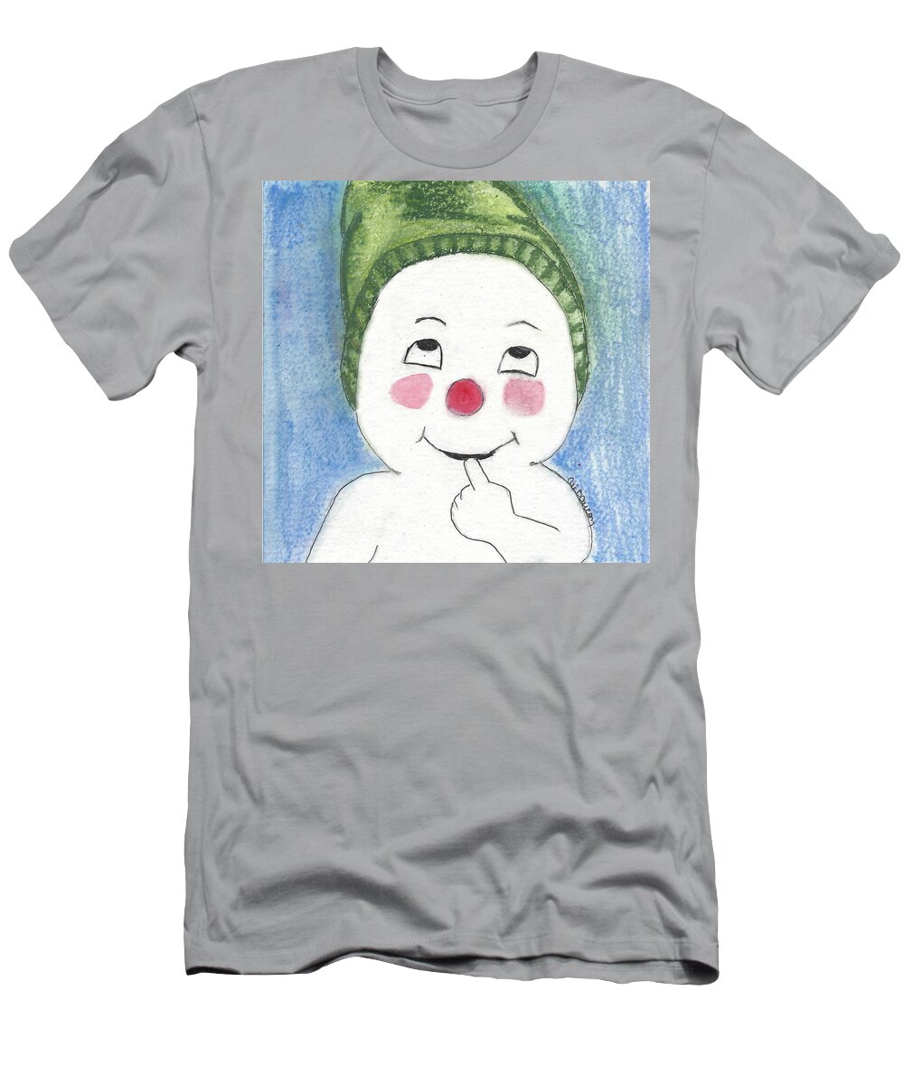 Snowman T-Shirt featuring the painting Jacques Frost Snowman with Rosy cheeks and a Green Toboggan by Ali Baucom