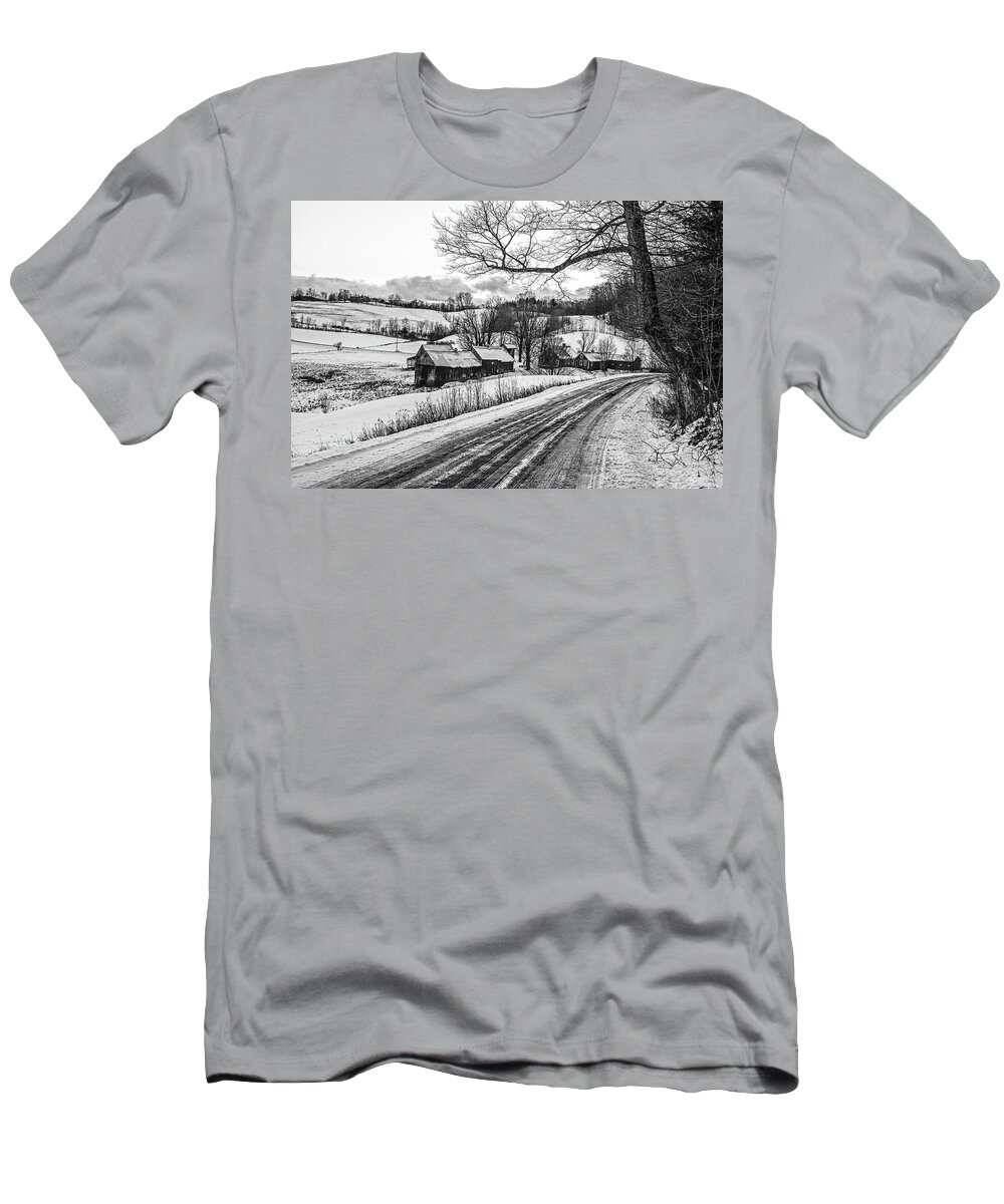 Jenne T-Shirt featuring the photograph Jenne Farm Road in the Winter Snow Pomfret VT Vermont Woodstock Black and White by Toby McGuire