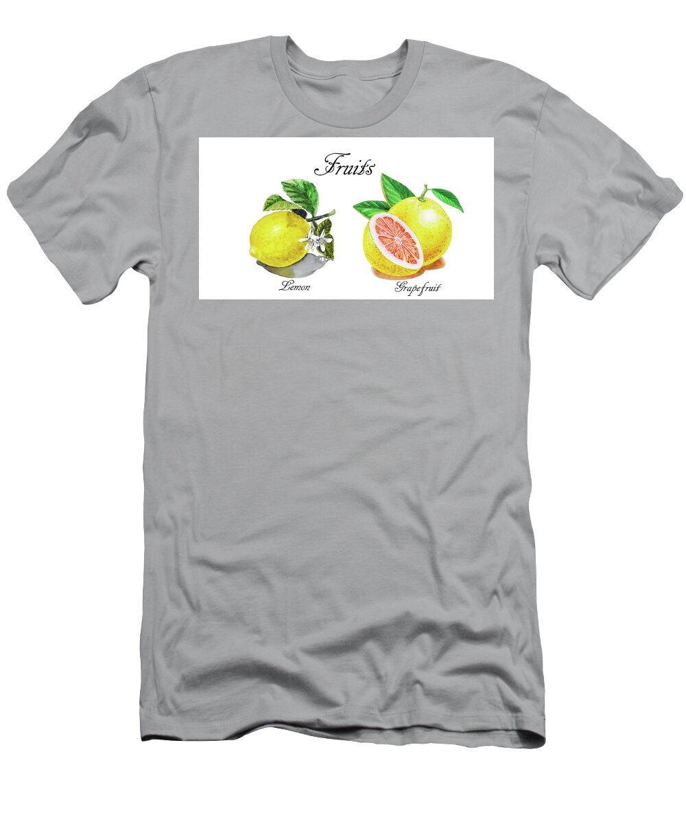 Grapefruit Lemon T-Shirt featuring the painting Juicy Fruits Grapefruit And Lemon Watercolor Art by Irina Sztukowski