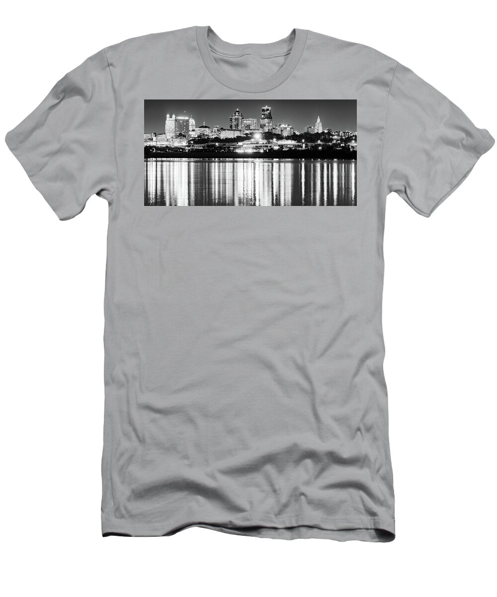 Kc Skyline T-Shirt featuring the photograph Kansas City Evening Skyline Panorama Over The River - Black And White Edition by Gregory Ballos