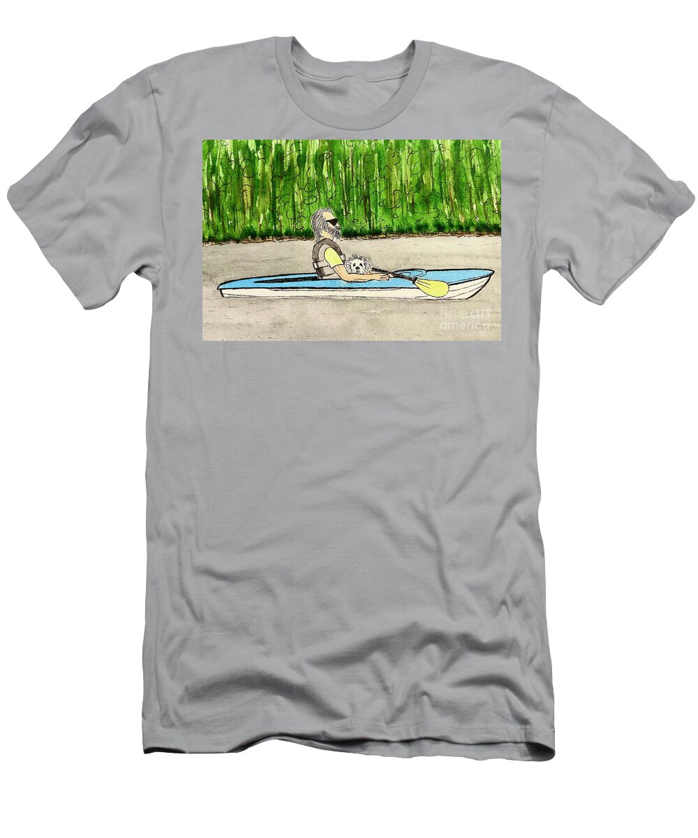 Kayaking T-Shirt featuring the painting Kayaking with Tootsie by Donna Mibus