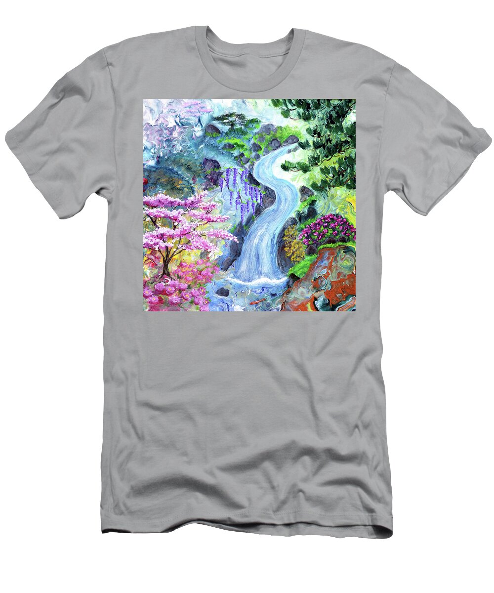 Sakura T-Shirt featuring the painting Koi Beneath a Cascading Waterfall by Laura Iverson