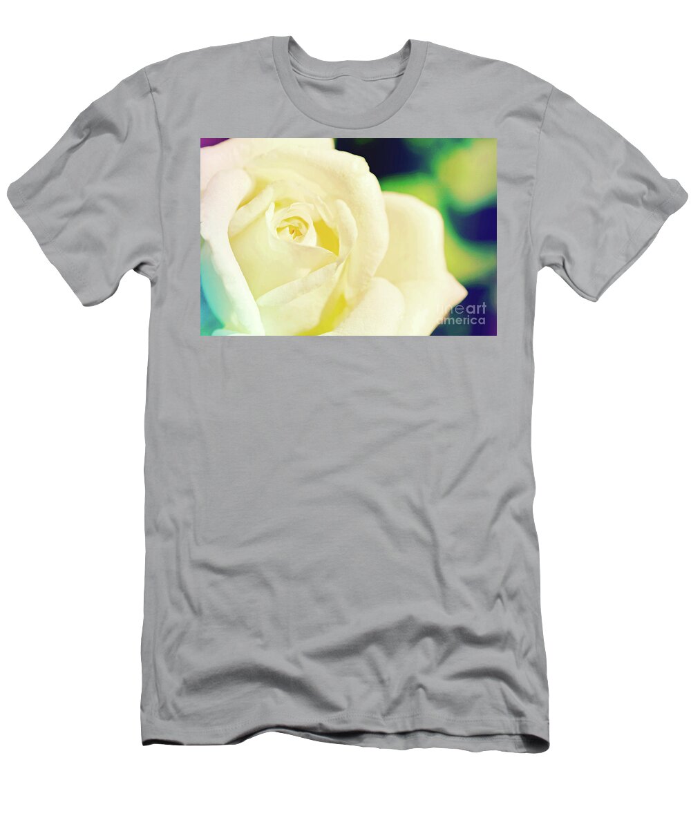 Rose; Flower; White Rose; Cream Rose; Close-up; Vintage; Cross-process; Horizontal; T-Shirt featuring the photograph La Rose de Reve by Tina Uihlein