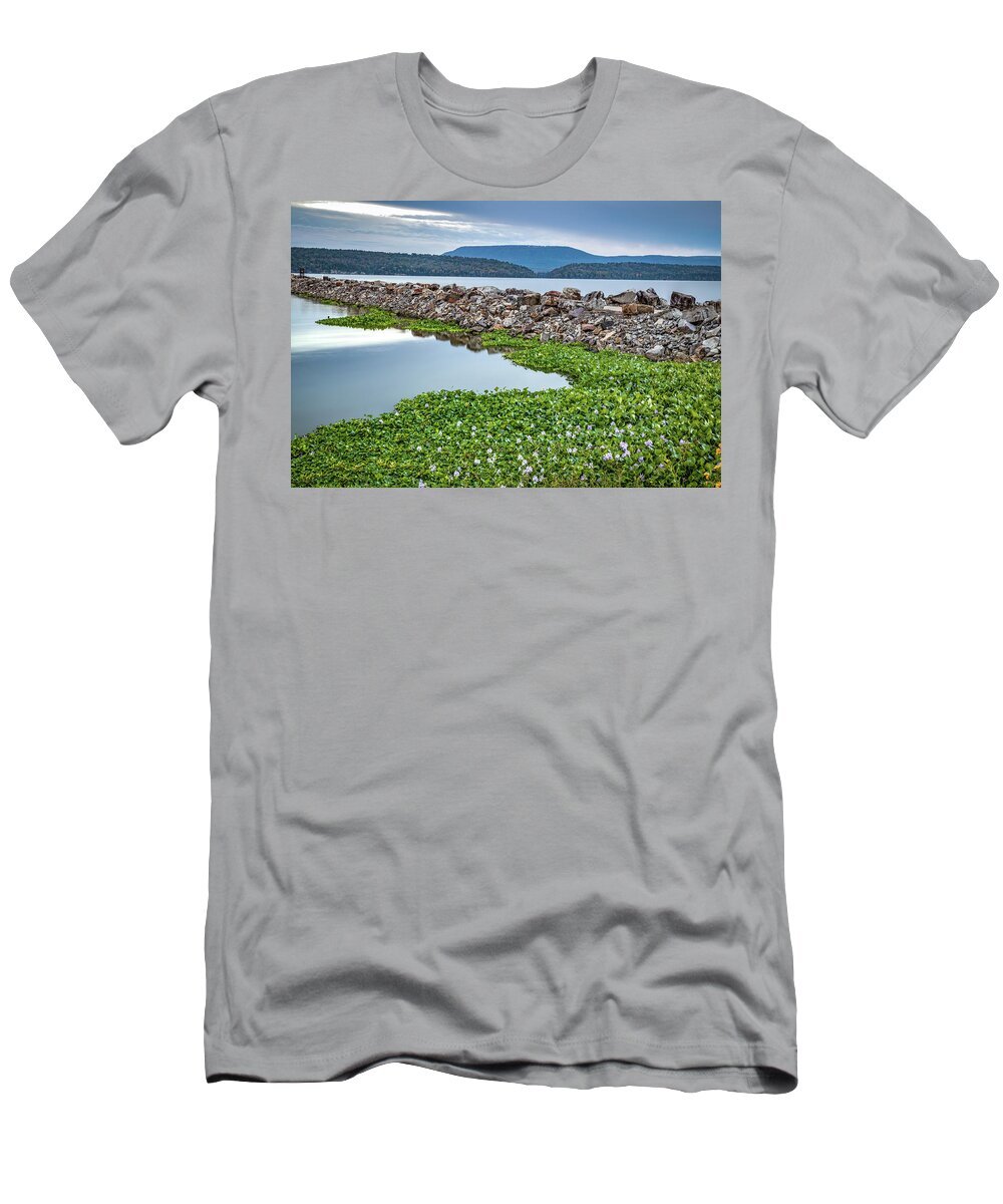 Lake Dardanelle T-Shirt featuring the photograph Lake Dardanelle Breakwater And Mountain Landscape - Russellville Arkansas by Gregory Ballos