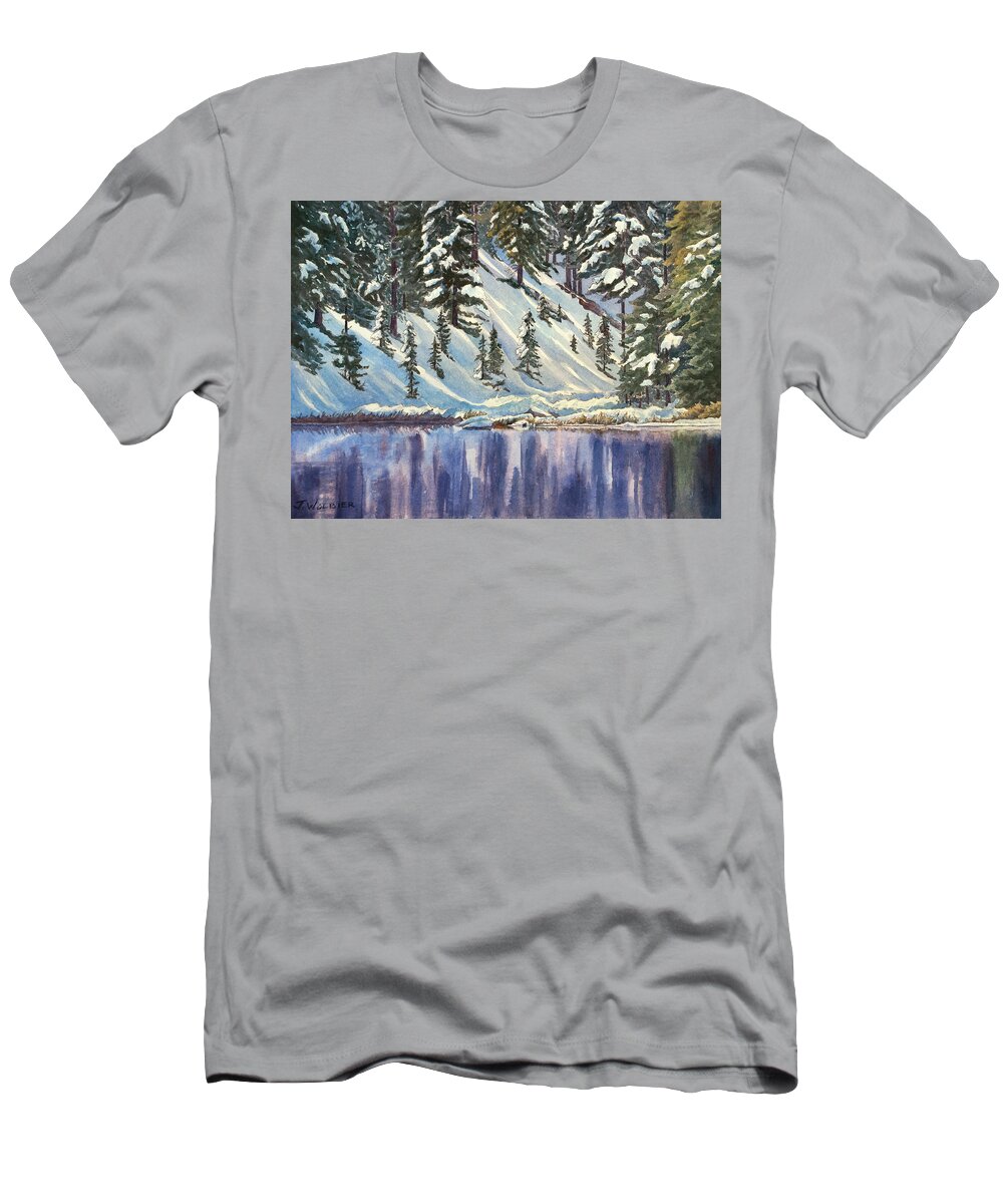 Joan Wolbier Artist T-Shirt featuring the mixed media Lake Irene RMNP by Joan Wolbier