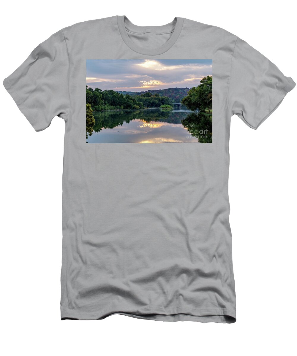Springfield T-Shirt featuring the photograph Lake Springfield Fall Morning Reflections by Jennifer White