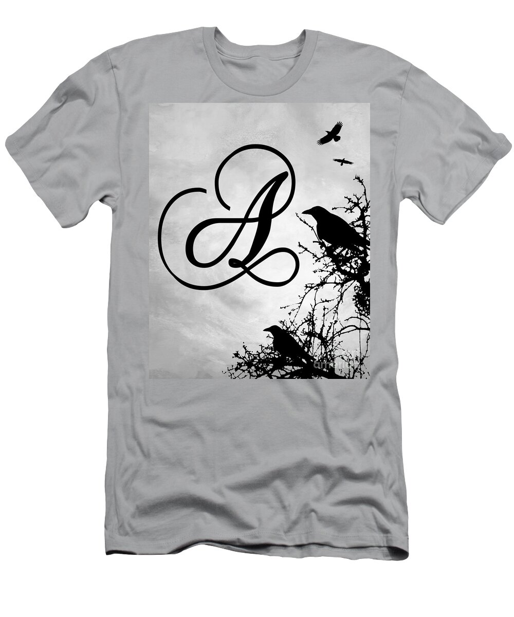Letter A T-Shirt featuring the mixed media Letter A Design 43 Crow Birds by Lucie Dumas