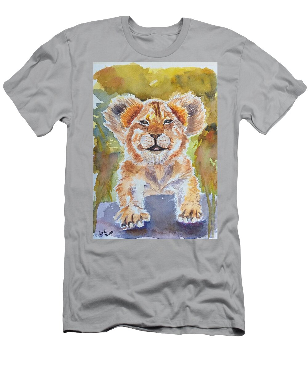 Lion T-Shirt featuring the painting Lion cub, animal watercolor by Geeta Yerra