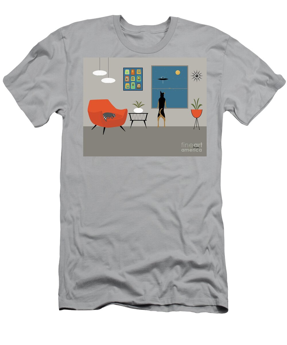 Mid Century Room Scene T-Shirt featuring the digital art Macki and Raccoon Friend by Donna Mibus