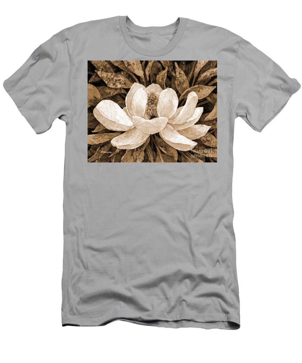Magnolia T-Shirt featuring the painting Magnolia Grandiflora in sepia tone by Hailey E Herrera
