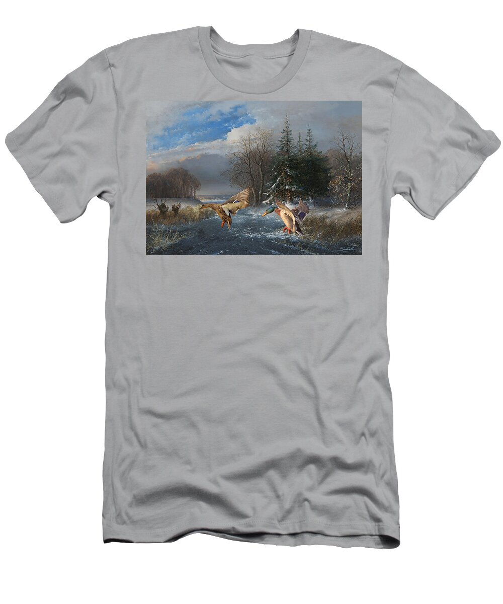 Bird T-Shirt featuring the digital art Mallards in the Winter by M Spadecaller