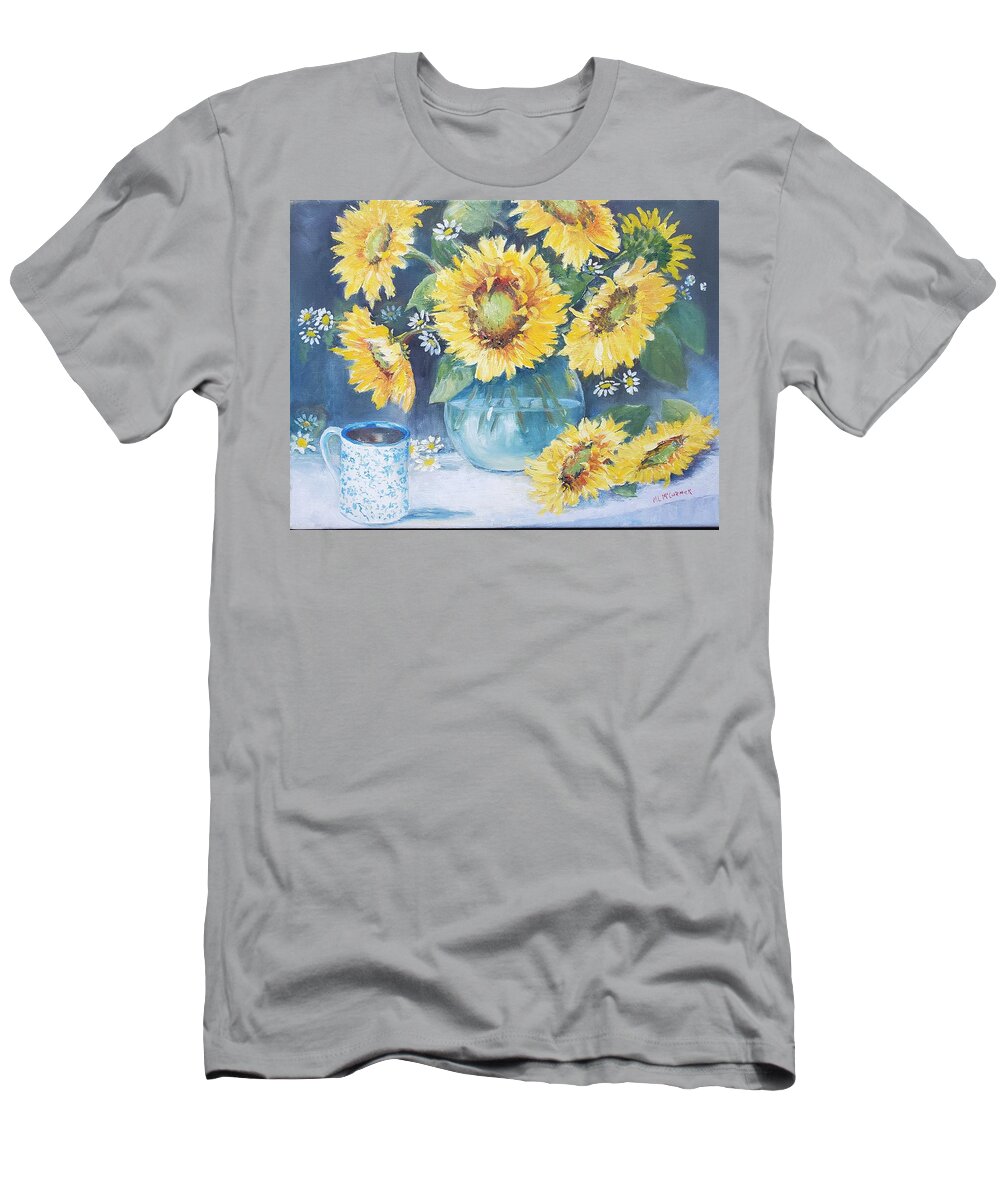 Sunflowers Autumn Coffee Harvest T-Shirt featuring the painting Mama's Cup with Sunflowers by ML McCormick