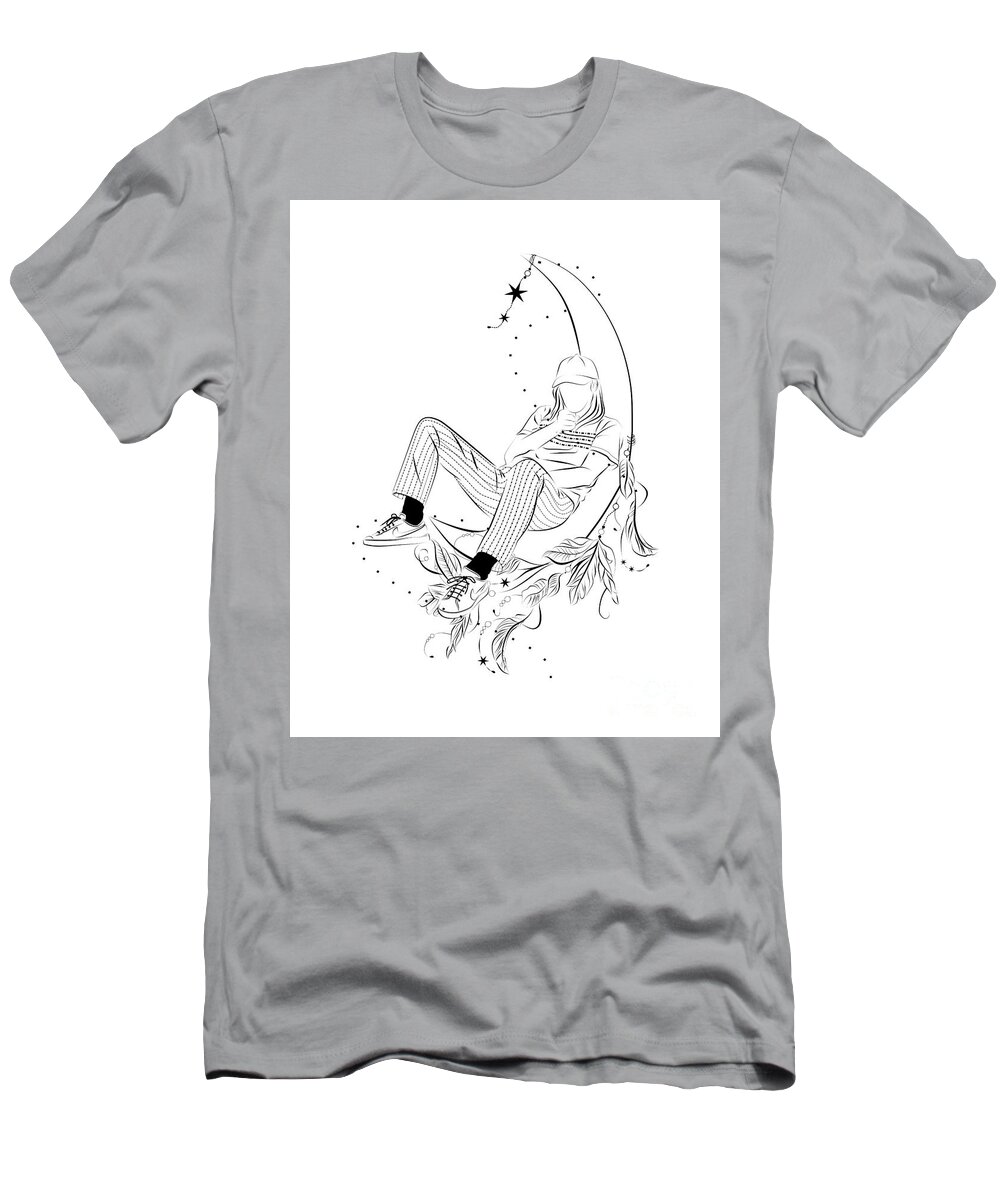 Man T-Shirt featuring the digital art Man Sitting On The Moon Minimalist Line Art by Amusing DesignCo