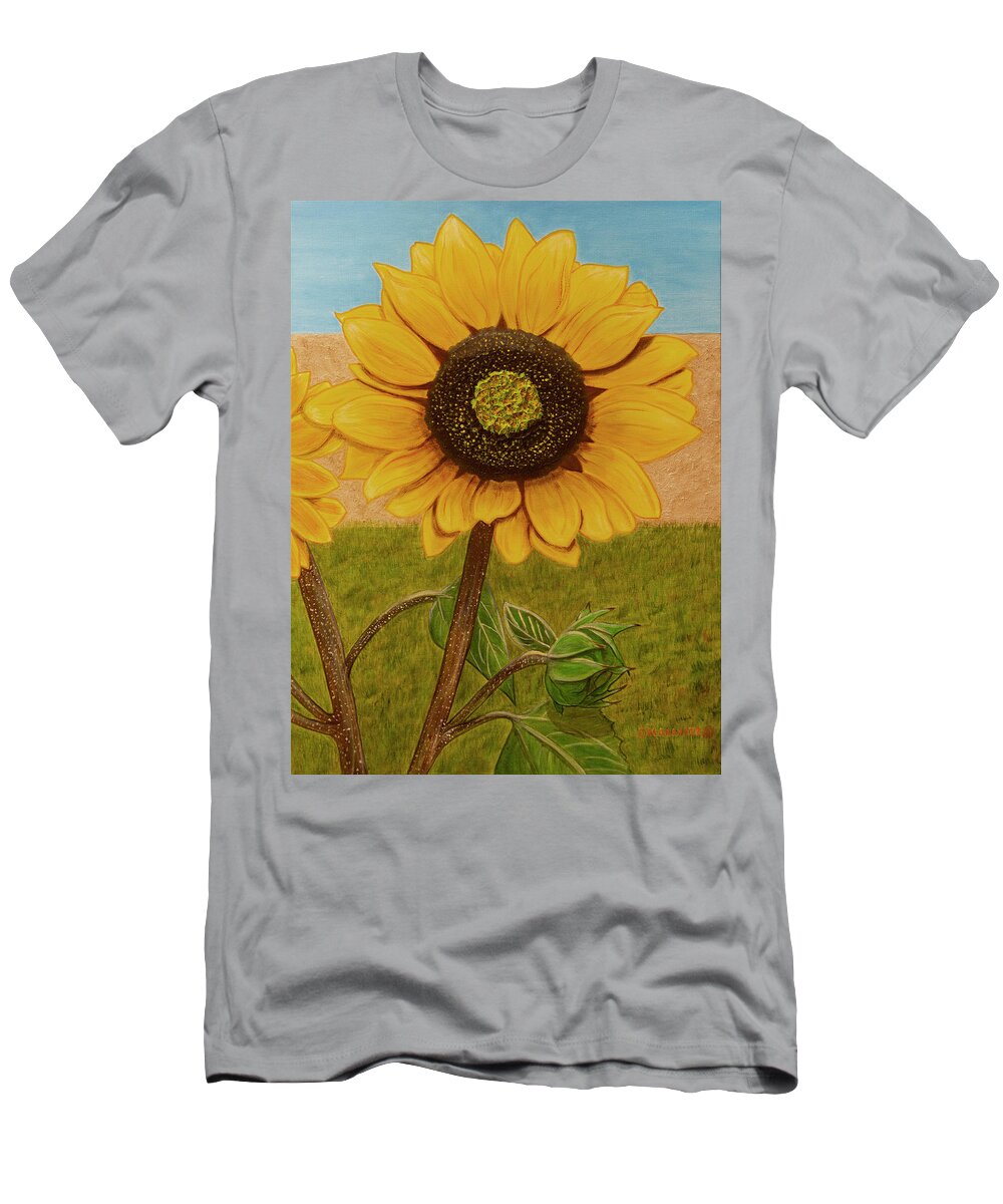 Sunflower T-Shirt featuring the painting Mandy's Dazzling Diva by Donna Manaraze