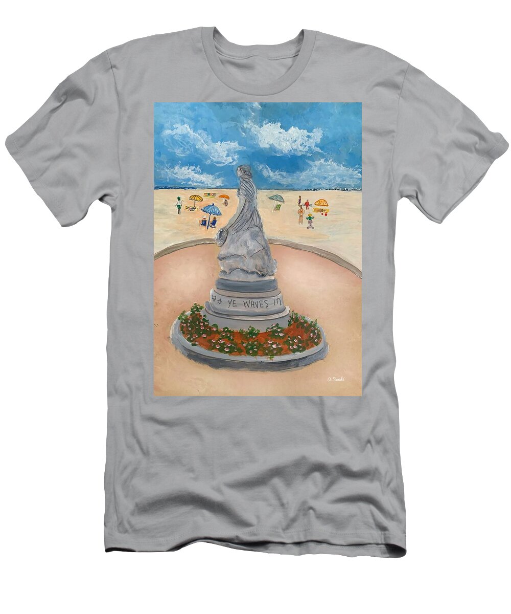 Hampton Beach T-Shirt featuring the painting Marine Memorial Quiet Day at Hampton NH by Anne Sands