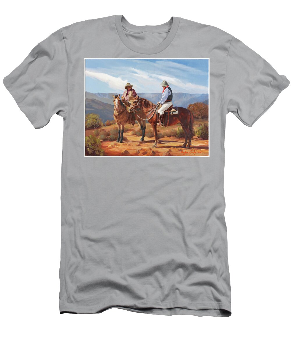 Western Art T-Shirt featuring the painting Meeting on Rim Trail by Carolyne Hawley