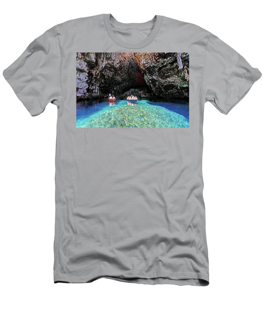 Azure T-Shirt featuring the photograph Melissani lake in Kefalonia, Greece by Constantinos Iliopoulos