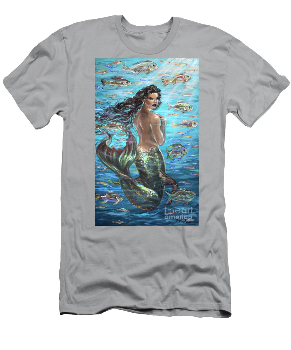 Mermaids T-Shirt featuring the painting Mermaid Turning Away by Linda Olsen