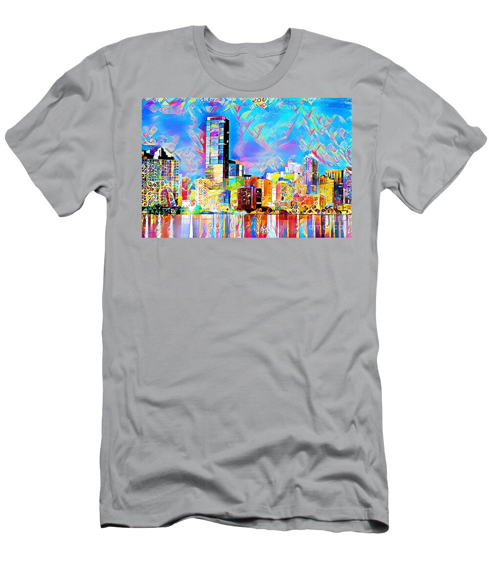 Wingsdomain T-Shirt featuring the photograph Miami Florida Skyline in Contemporary Vibrant Happy Color Motif 20200430 by Wingsdomain Art and Photography