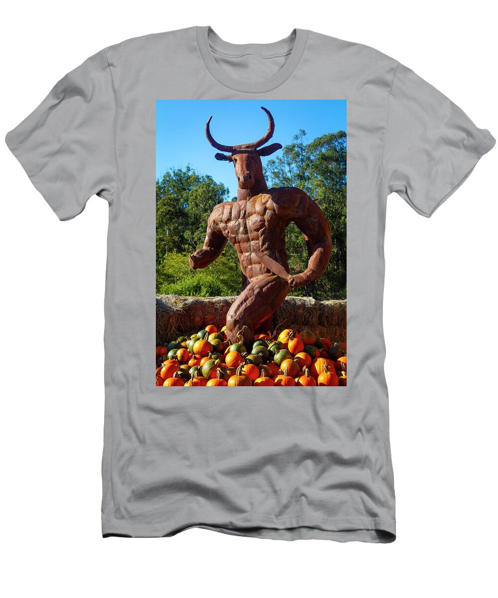 Statue T-Shirt featuring the photograph Minotaur Bull Metal Stature With Pumpkins by Garry Gay