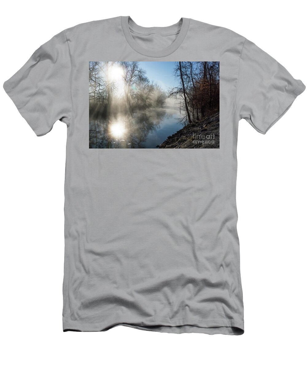 Ozarks T-Shirt featuring the photograph Misty James River Sunrise by Jennifer White