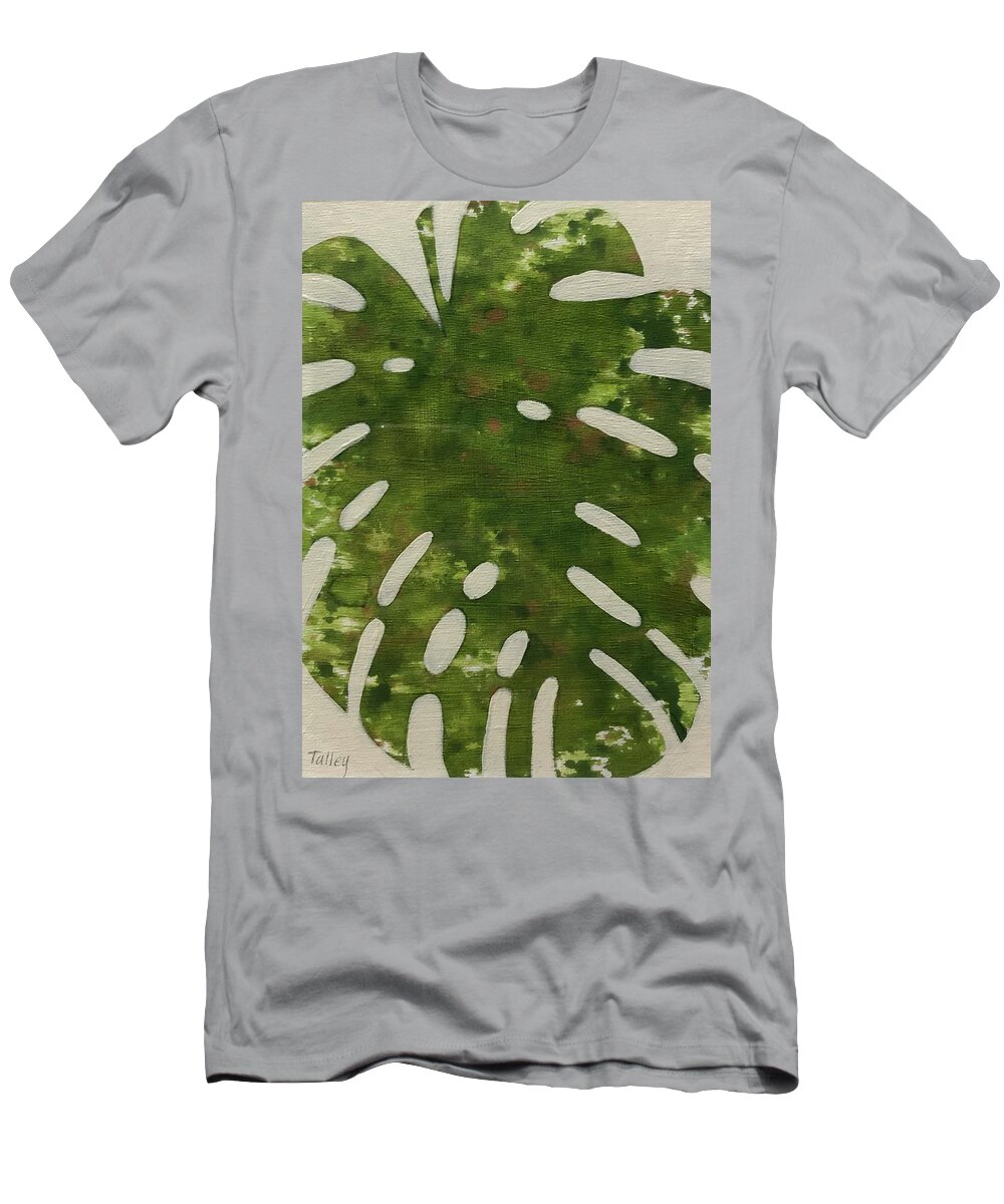 Monstera Dark Palm Abstract Leaf Swiss Cheese Plant Tropical Blooming Drips T-Shirt featuring the painting Monstera Dark by Pam Talley