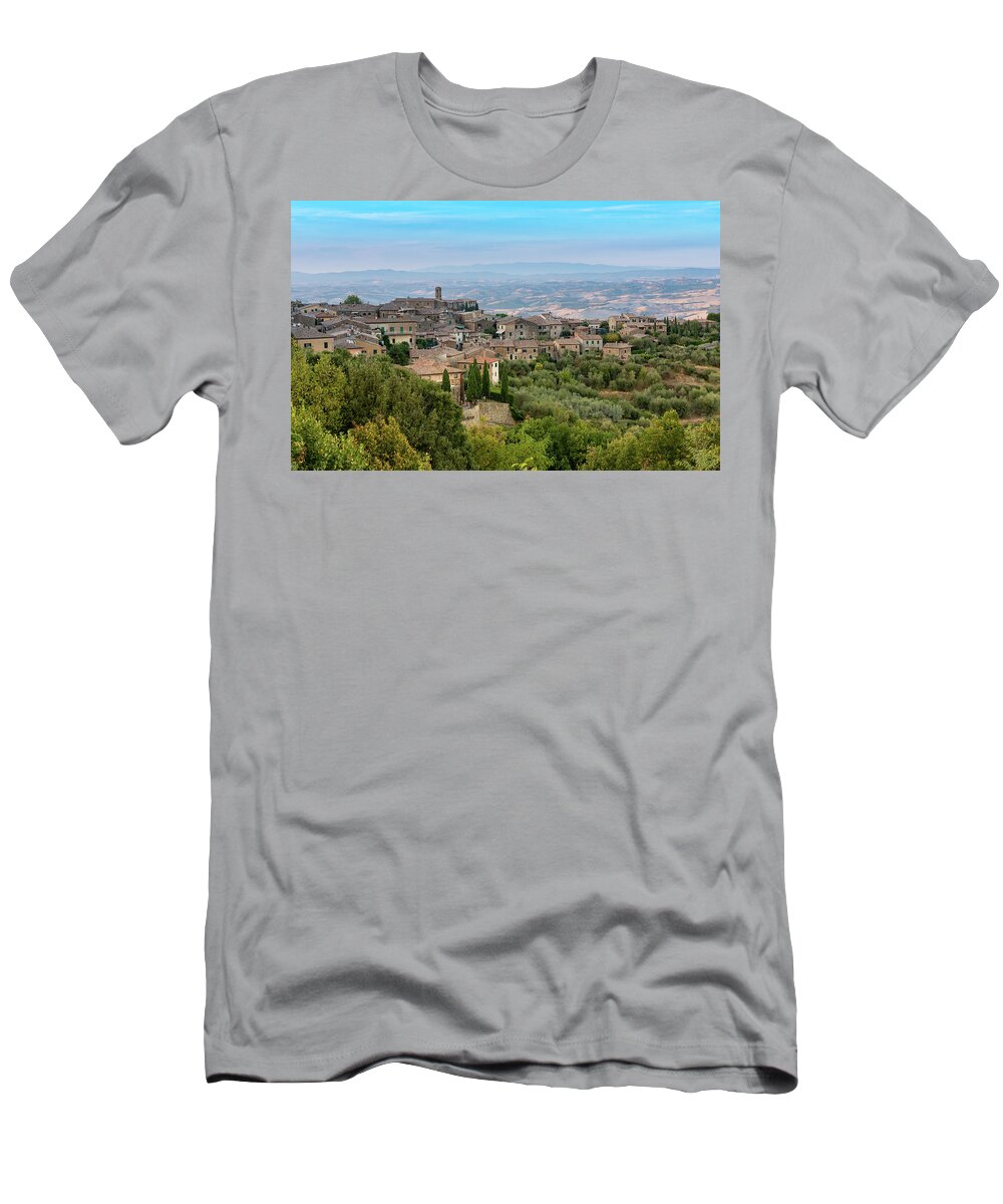 Architecture T-Shirt featuring the photograph Montalcino medieval town in Tuscany, Italy by Eleni Kouri