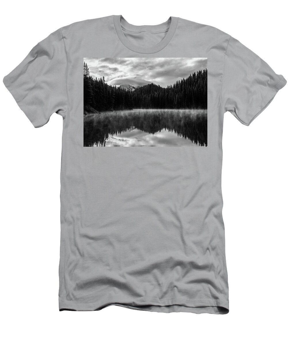 Moody Black And White Lake Reflection T-Shirt featuring the photograph Moody Black And White Lake Reflection by Dan Sproul