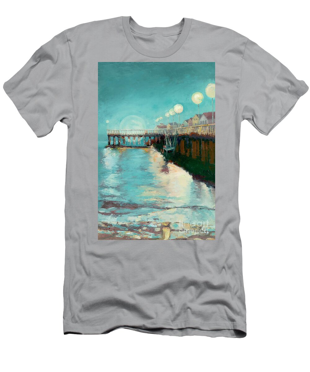 Santa Cruz T-Shirt featuring the painting Moon Over Santa Cruz Wharf by PJ Kirk