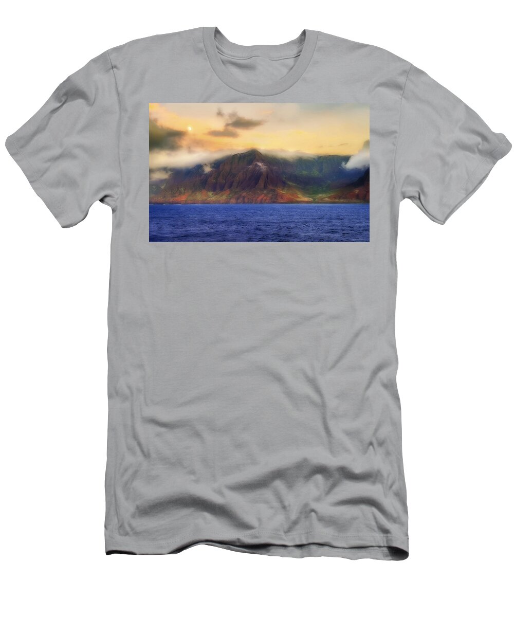 Kauai T-Shirt featuring the photograph Moonrise at Sunset of the Napali Coast on the Island of Kauai, Hawaii by John A Rodriguez